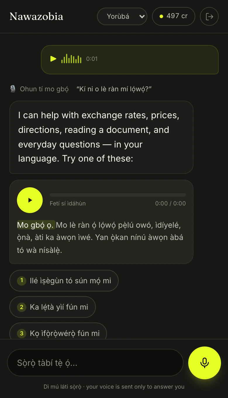 Nawazobia answering a spoken Yorùbá question: a voice note in, then what it heard, a written reply on screen, and a spoken reply