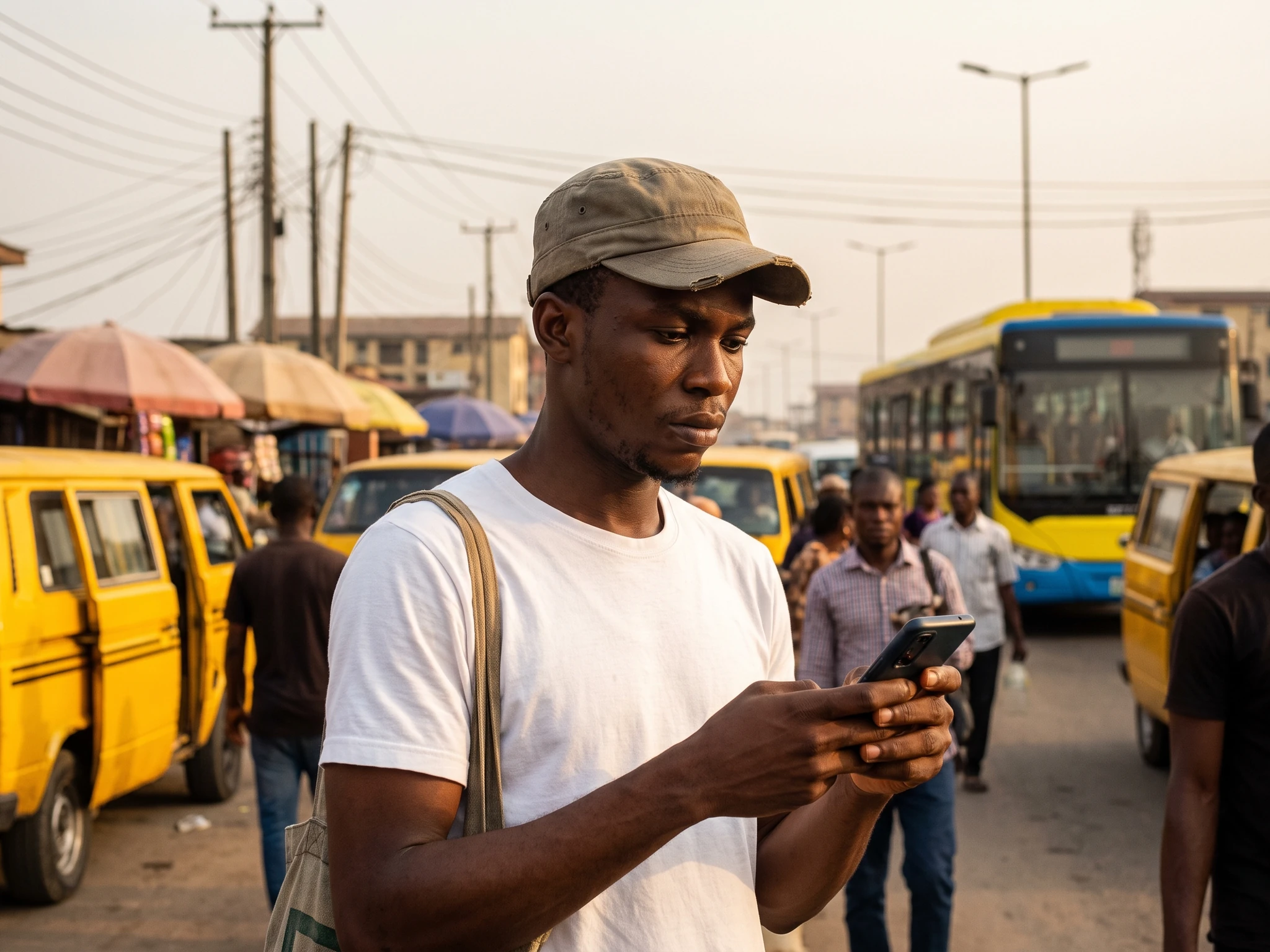 A young Nigerian at a Lagos bus stop looking at his phone